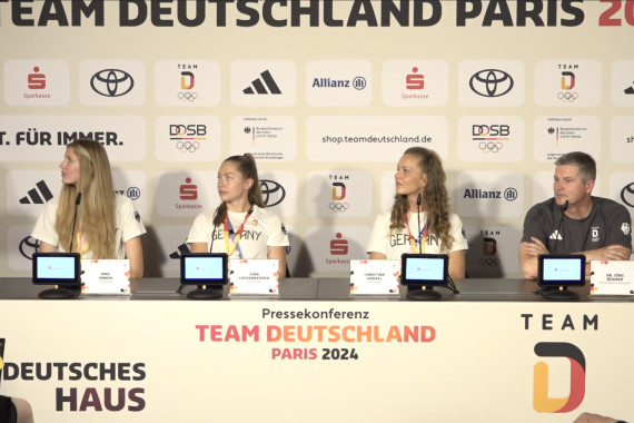 Titelbild Pressekonferenz mit Gina Lückenkemper, Imke Onnen, Christina Honsel u. Jörg Bogner